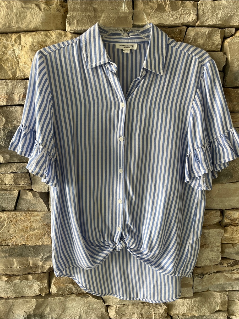 beachlunchlounge Blue and White Striped Button-Front Ruffle Sleeve Top